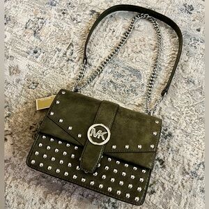 NWT Michael Kors Greenwich Studded Distressed Crossbody Bag in Olive Green